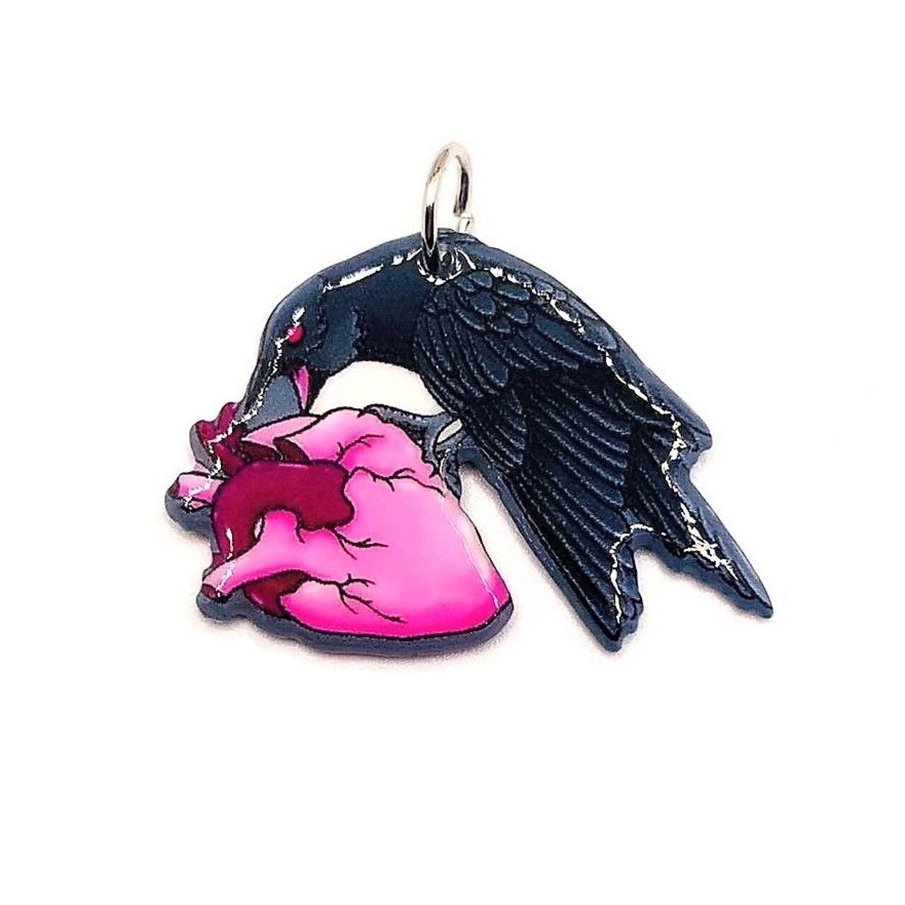 1, 4 or 20 Pieces: Pink Goth Raven and Heart Charms - Double Sided
